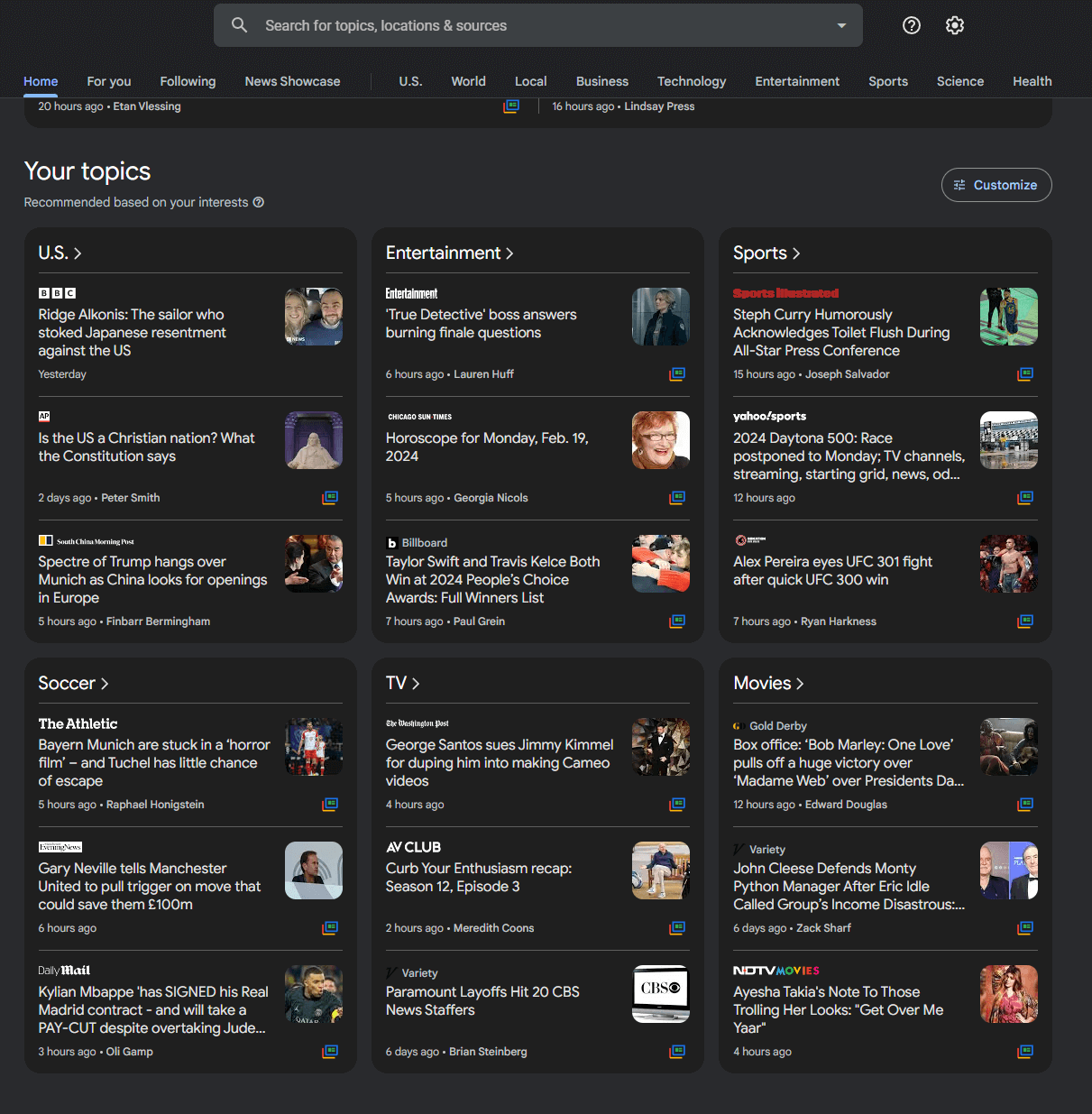 Your topics - Sections in Google News.