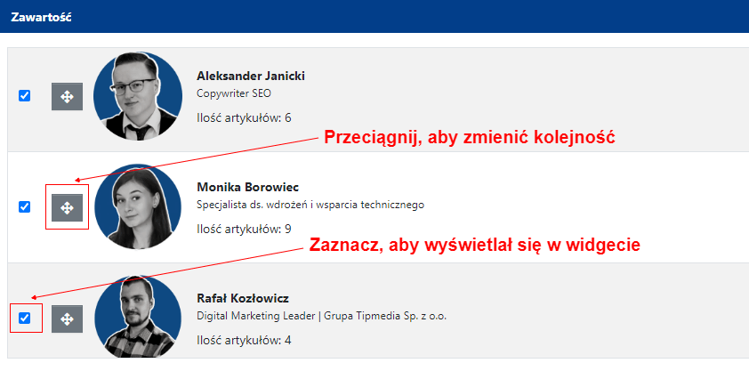 Edycja zawartości widgetu autorów.