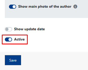 Turn off the "Active" toggle to deactivate the display of the thumbnail, author's name, and surname on articles published by that author.