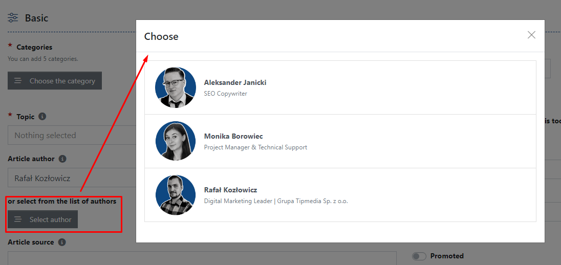 After creating an author's page, you can select that author from the list when creating an article.