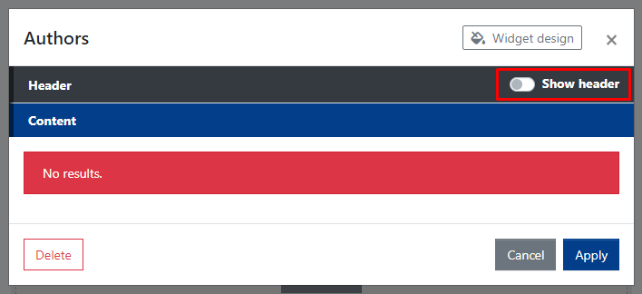 Check "Show header" if you want to display a header above the list of authors in the widget.