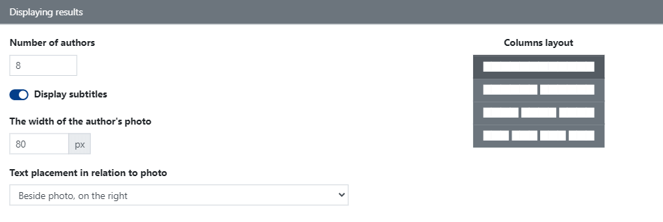 Displaying results - Authors widget settings