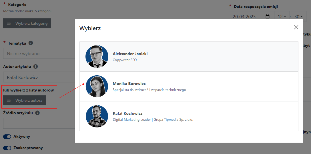Po stworzeniu strony autora możesz go wybrać z listy podczas tworzenia artykułu.