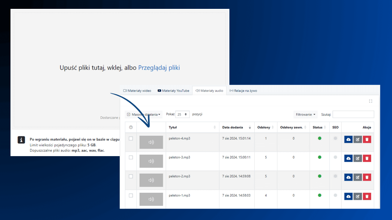 przesyłanie plików audio w CMS 4media cms dla radia