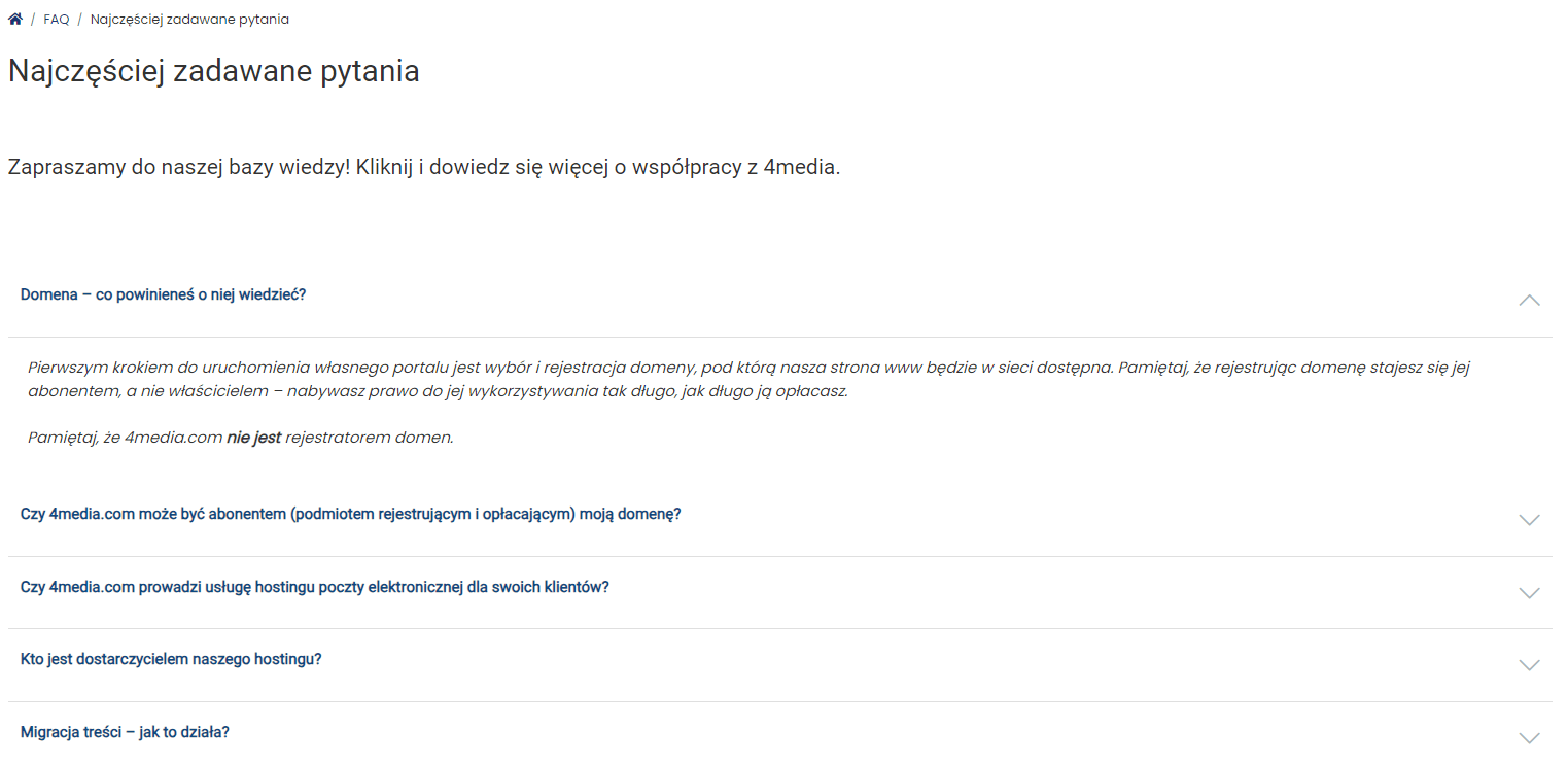 Strona FAQ z najczęściej zadawanymi pytaniami. Pierwsze odpowiedź na pierwsze pytanie jest rozwinięta (rozwija się po kliknięciu w pytanie).