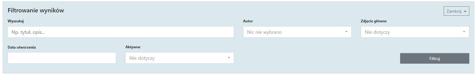 Opcje filtrowania wyników w module FAQ.