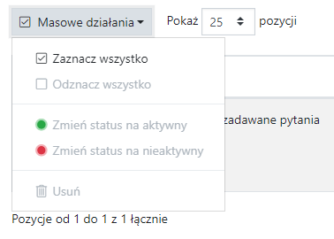 Masowe działania pozwalają zarządzać wieloma FAQ jednocześnie.