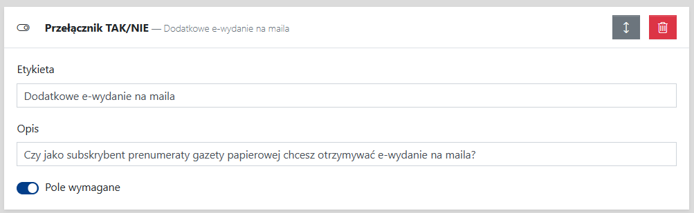 konfiguracja warunku formularza dla przełącznika tak/nie