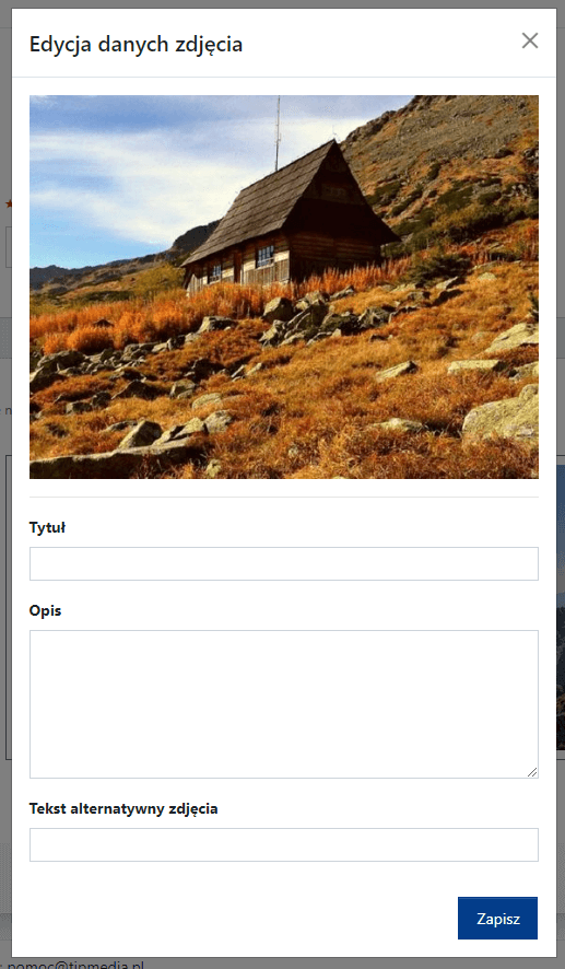 Edycja danych zdjęcia wgranego do Galerii zdjęć.
