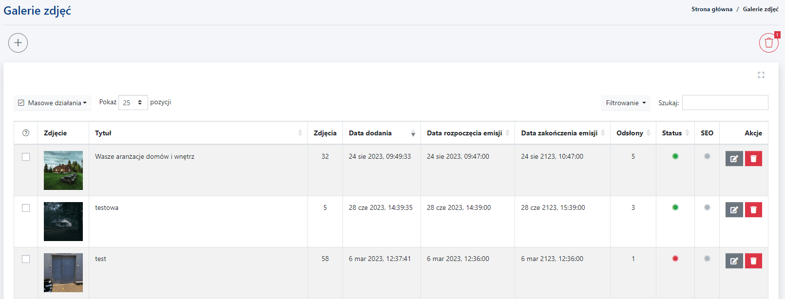 Dodane galerie w module Galerie zdjęć w panelu administratora.