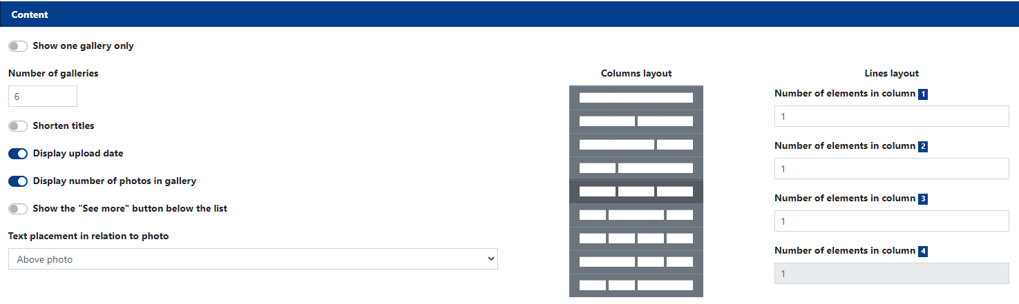 Figure 10. Content settings for the Photo Galleries widget for displaying multiple galleries.