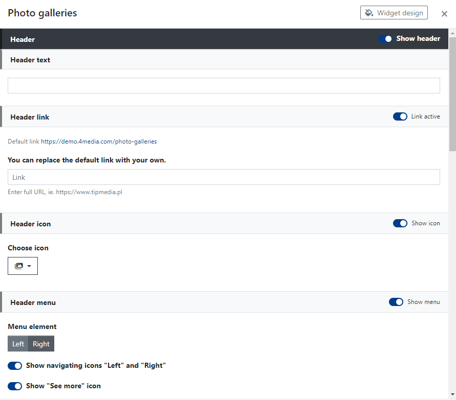 Figure 3. Header Settings for the Photo Galleries Widget.