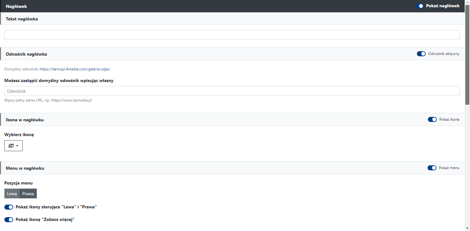 Rys. 3. Ustawienia sekcji Nagłówek widgetu Galerie zdjęć.