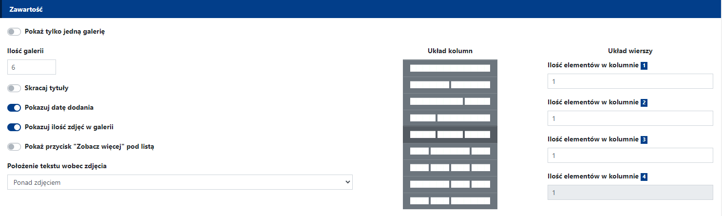 Rys. 8. Ustawienia zawartości widgetu Galerie zdjęć dla wyświetlania wielu galerii.