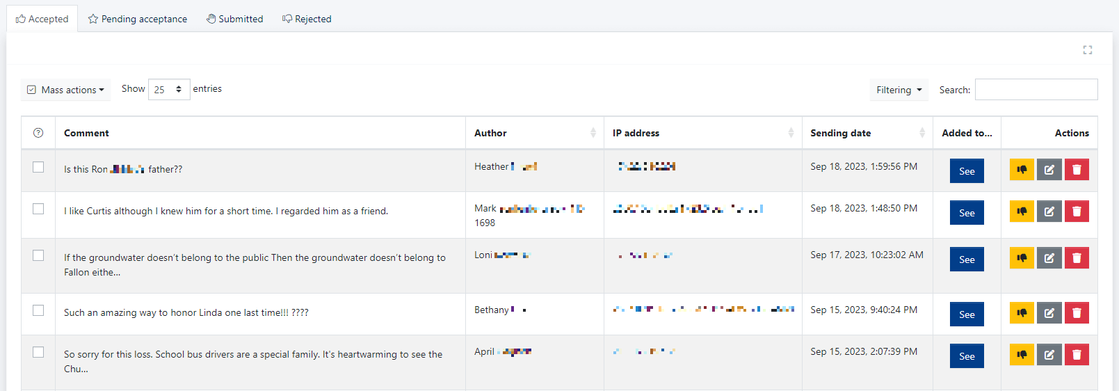 View of the list of approved (published on the portal) comments in the administrator panel.