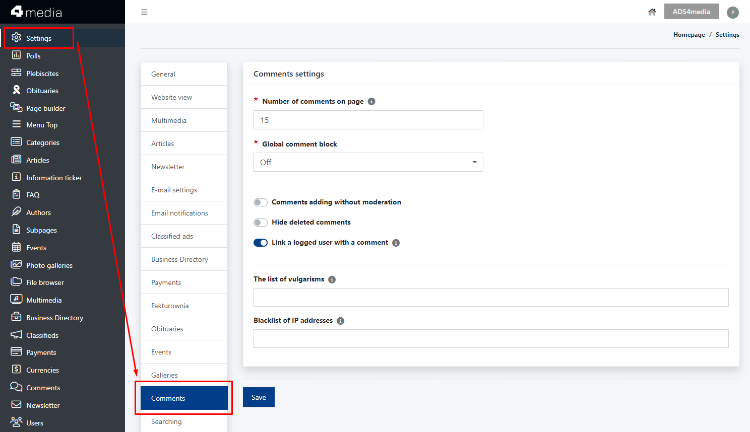 Global Comment Settings in the CMS 4media Administrator Panel.