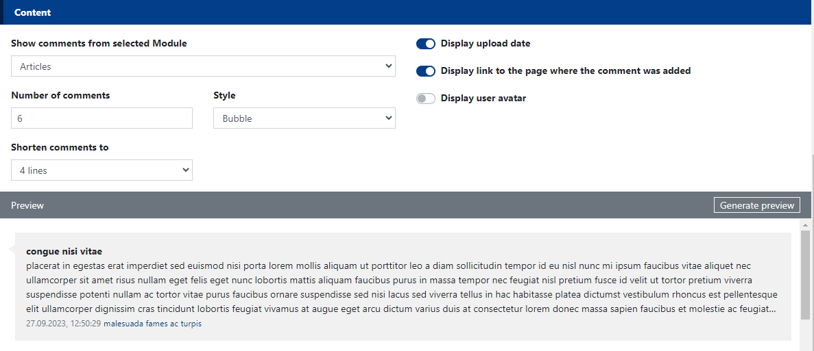 Content settings of the comments widget in CMS 4media.