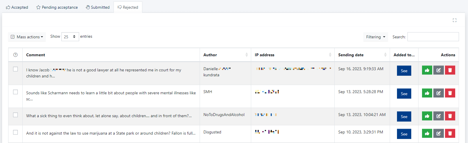 List of rejected comments in the CMS 4media administrator panel.