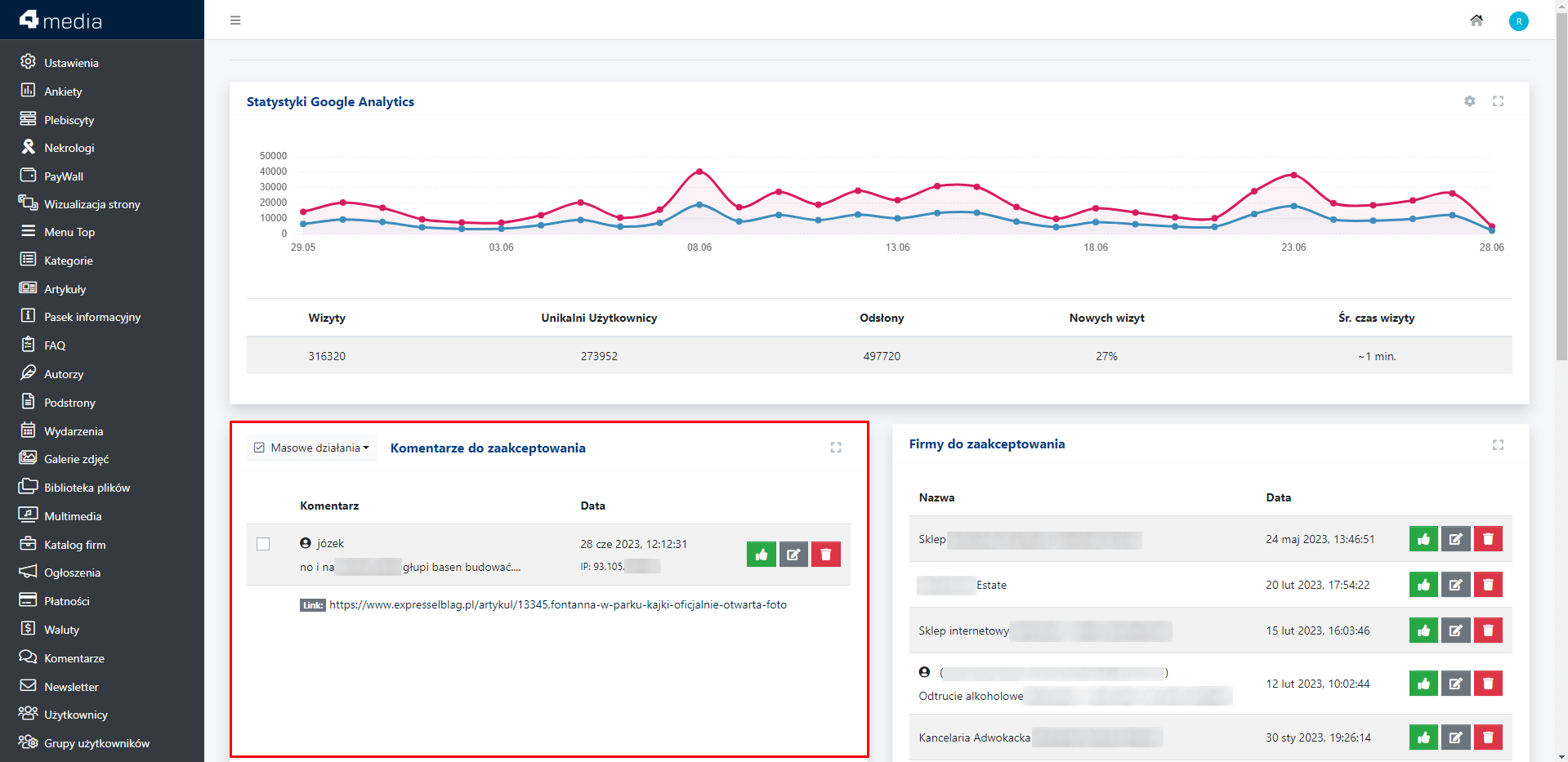 komentarze do zaakceptowania panel administratora