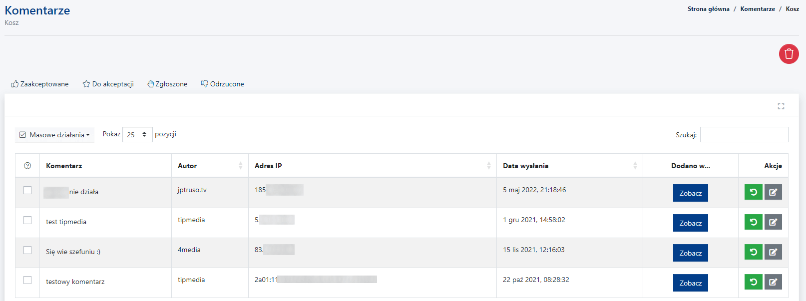 kosz usunięte komentarze