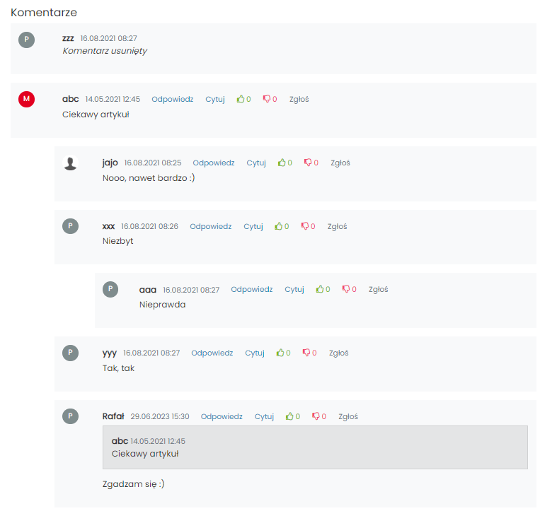 komentarze użytkowników widok pod artykułem