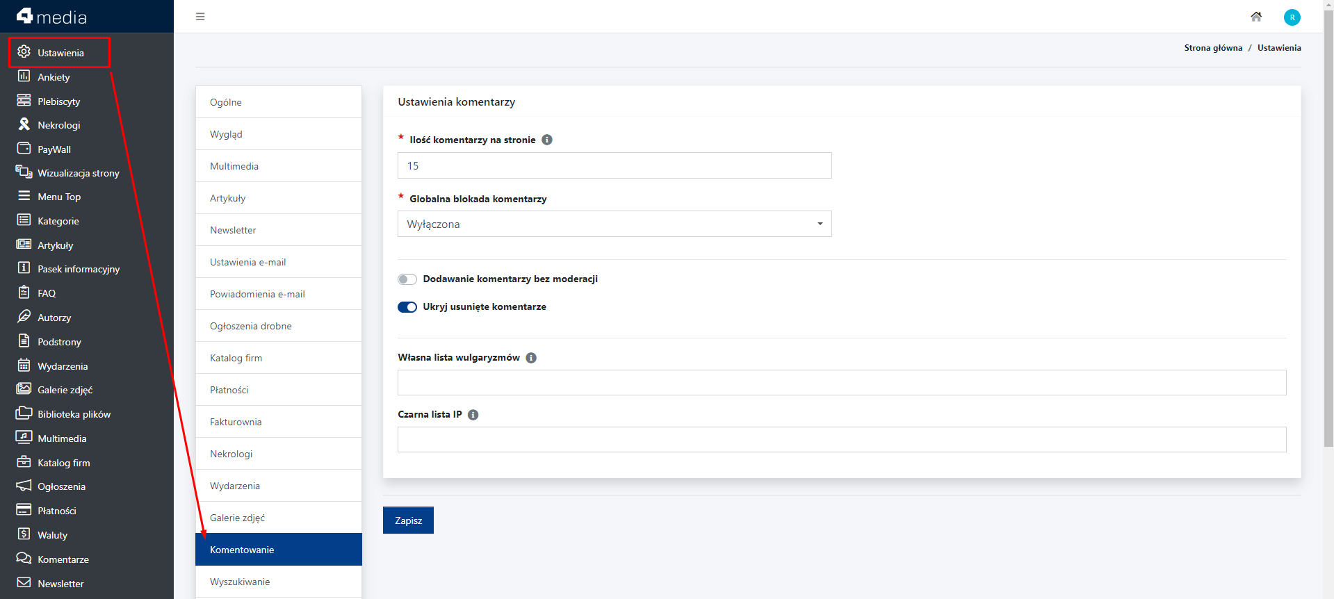 ustawienia komentowania w CMS 4media