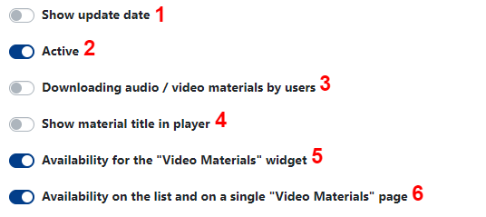 Available options for uploaded video material - edit view.