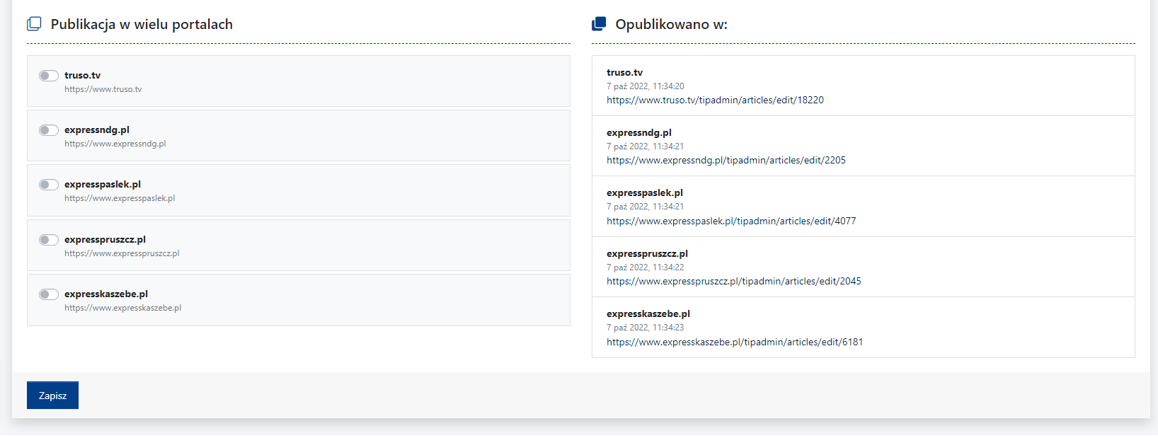 multisite CMS 4media widok po publikacji artykułu w wielu portalach