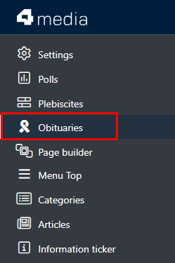 The "Obituaries" module can be found in the CMS 4media menu on the left-hand side.