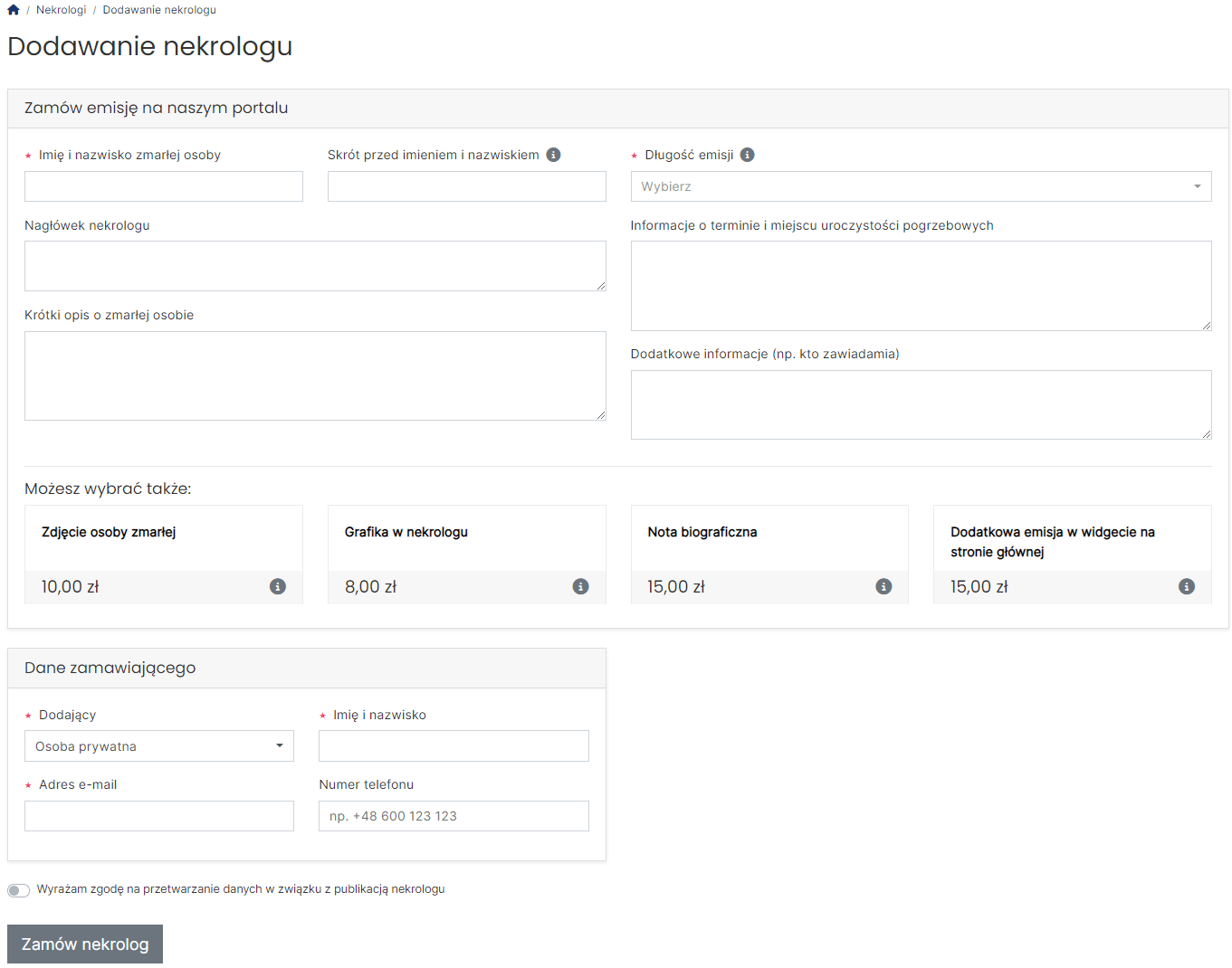 zamawianie publikacji nekrologu na portalu przez użytkownika