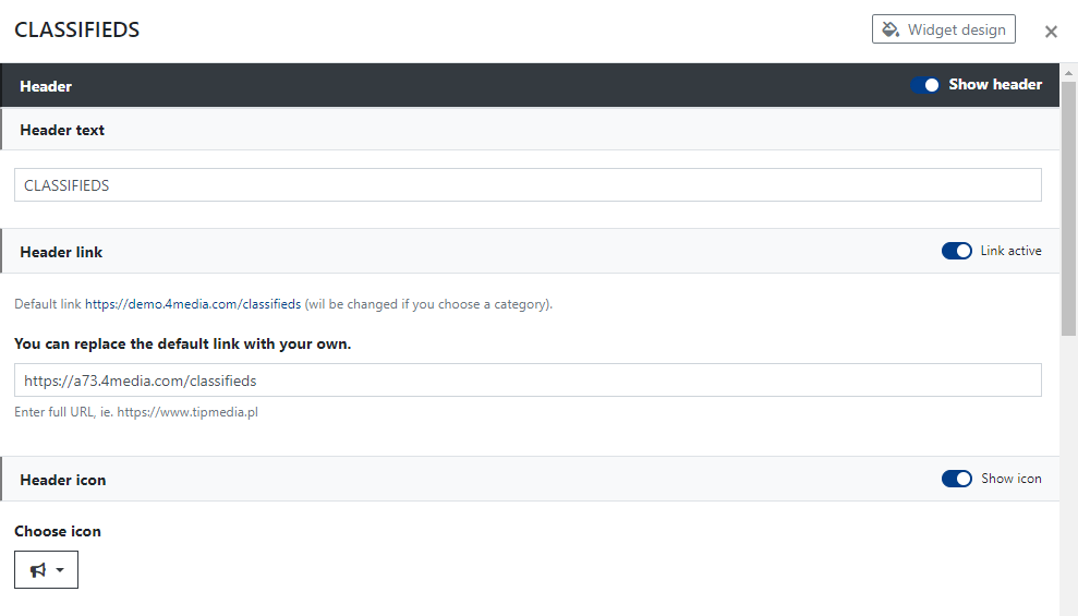 Settings of the Classifieds Widget Header.