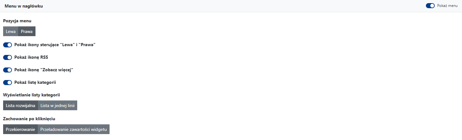 Ustawienia menu w nagłówku widgetu Ogłoszenia