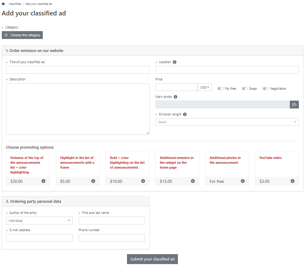 User-Submitted Classified Publication Form on the local news website.