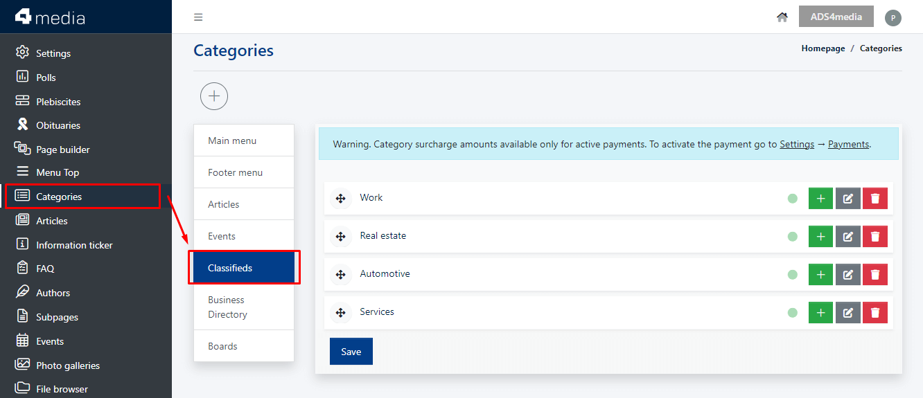 Classifieds categories in the admin panel of CMS 4media.