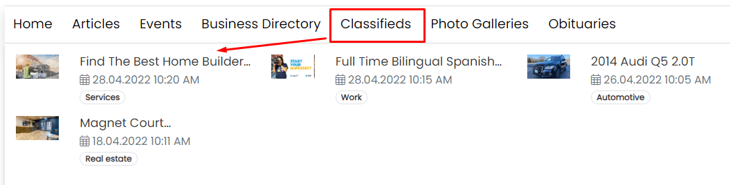 Classifieds added to the category menu - when users hover over it on computers, a mega menu will expand, displaying the latest entries.