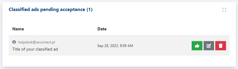 Classified ad pending acceptance - view on the main page of the admin panel in CMS 4media.