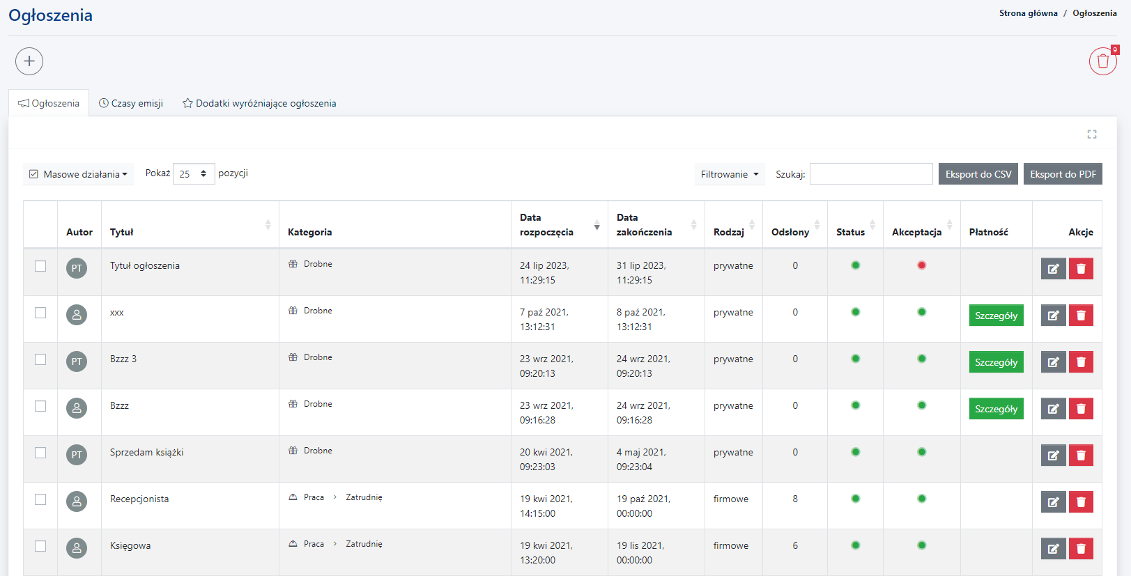 Lista ogłoszeń dodanych przez użytkowników - widok w panelu administratora