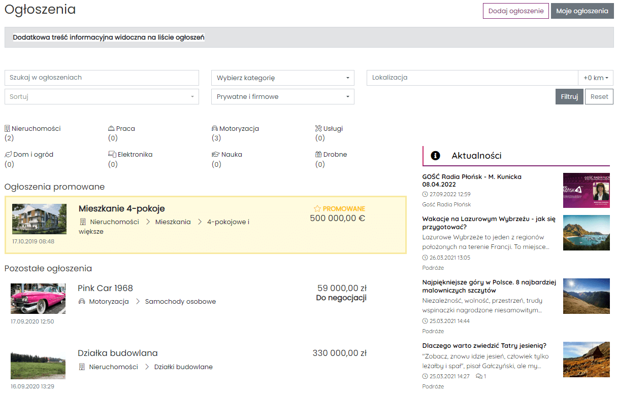 ogłoszenia na portalu lokalnym
