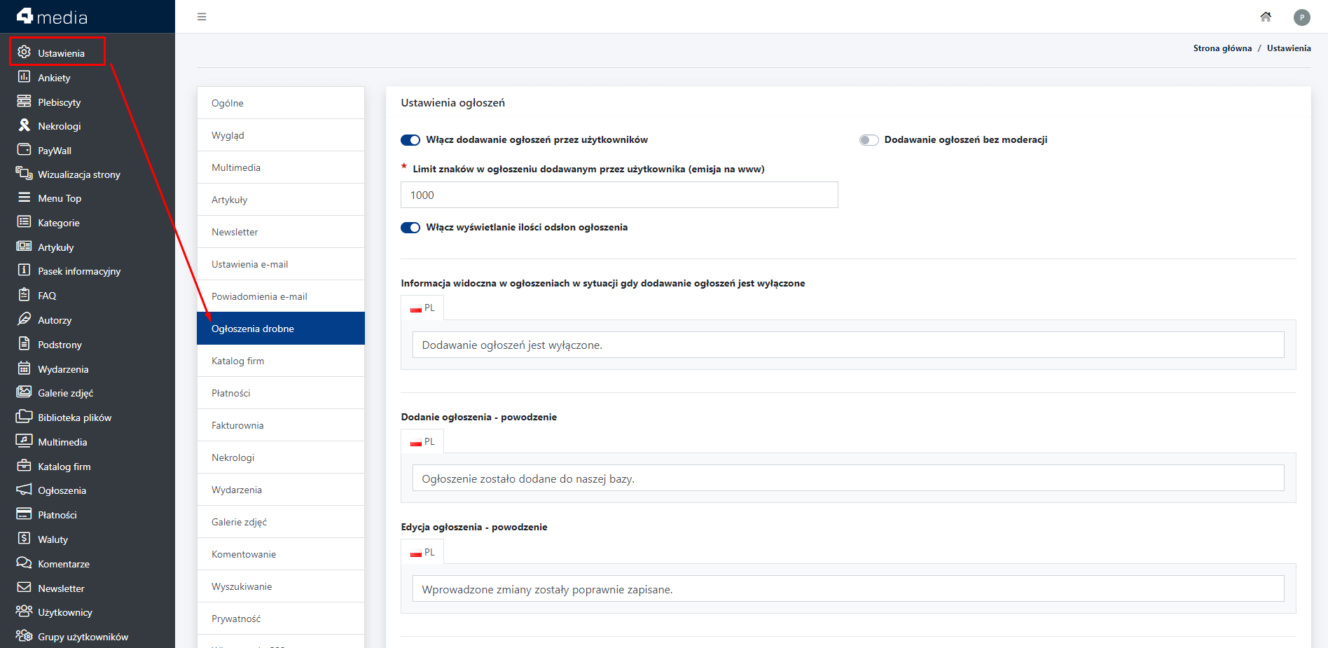 globalne ustawienia ogłoszeń w CMS 4media