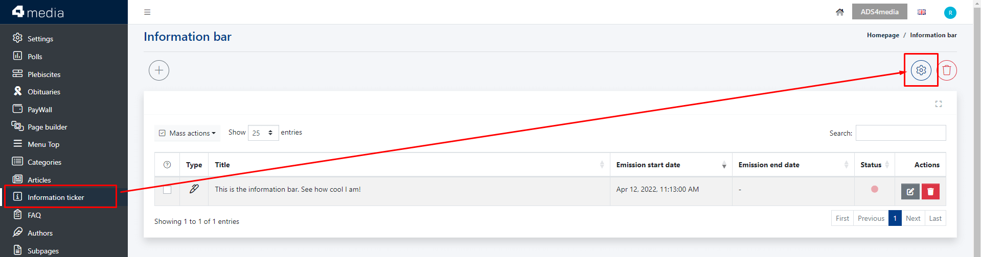 Location of the news ticker settings in CMS 4media.