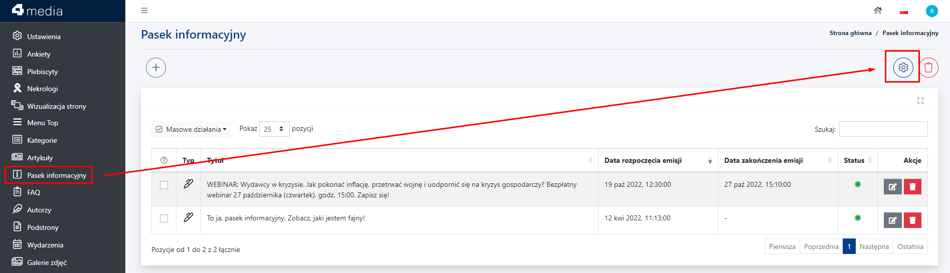 pasek informacyjny gdzie włączyć w CMS 4media