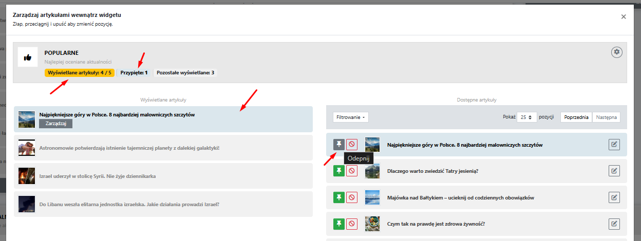 przypięte artykuły w widgecie