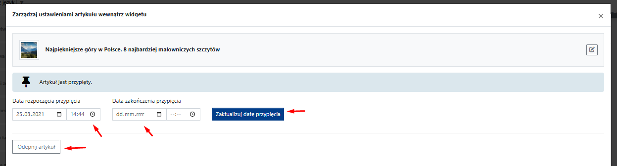 określanie czasu wyświetlania przypiętego artykułu w widgecie