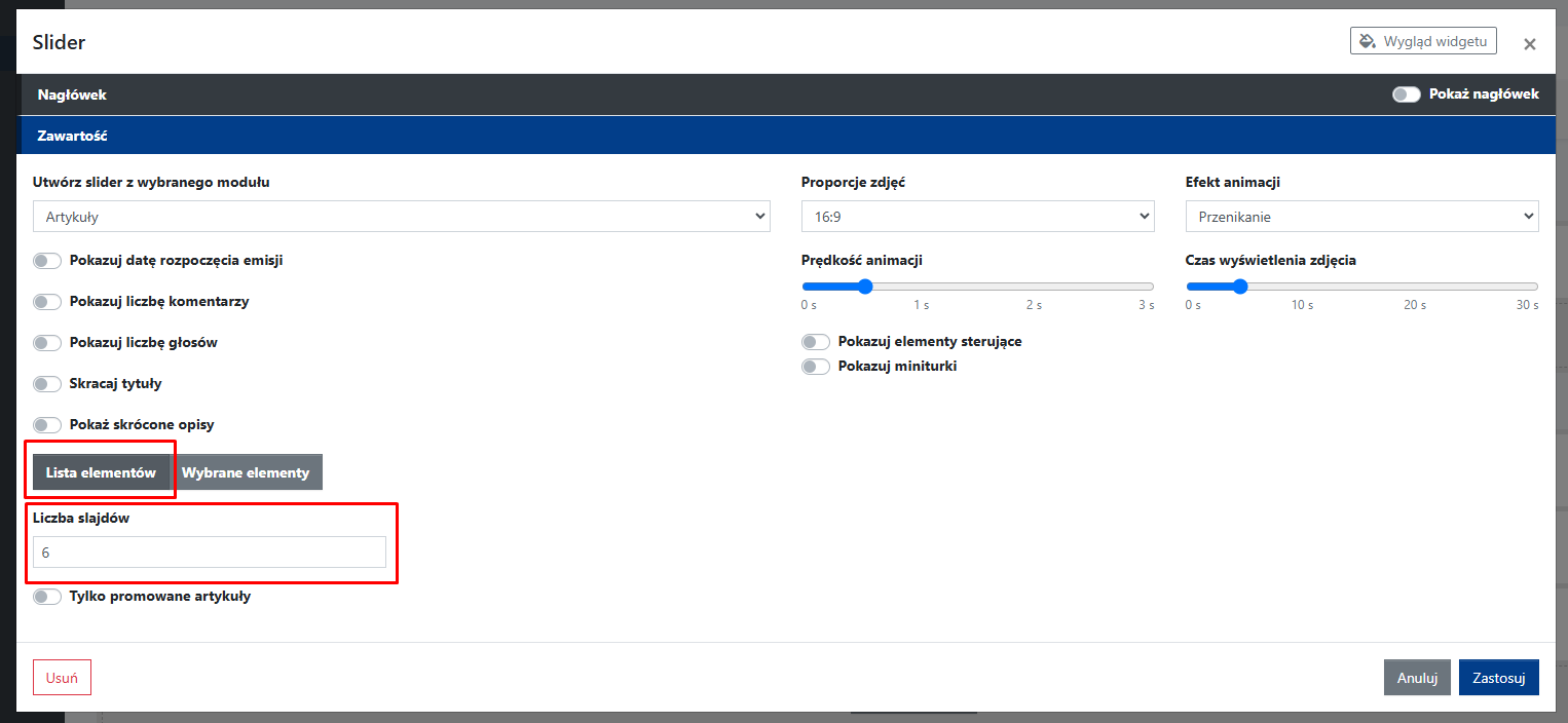 slider lista elementów