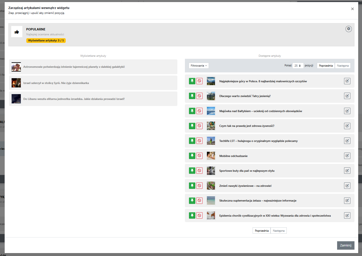 zarządzanie artykułami wewnątrz widgetu