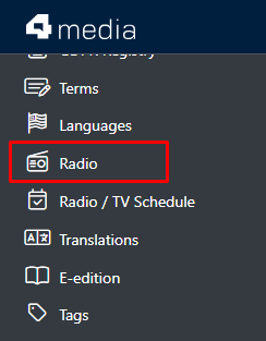 The "Radio" module in the CMS 4media admin menu.