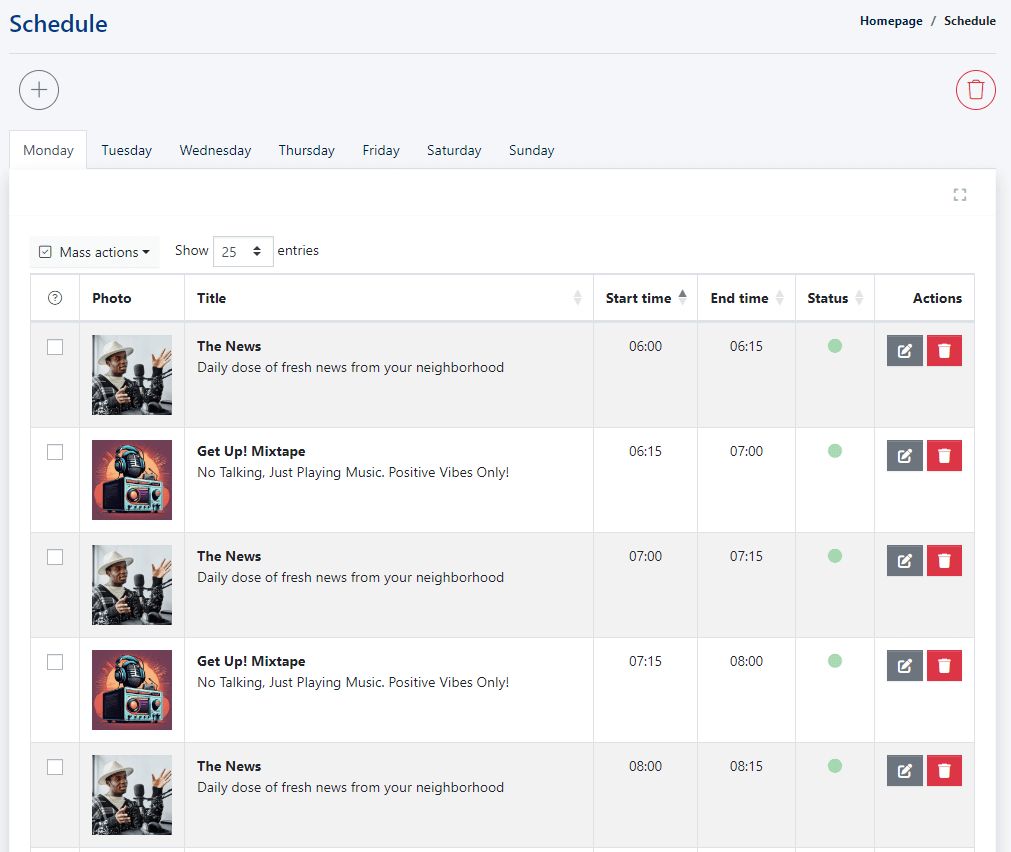 List of entries (programs) visible in the Schedule module in CMS 4media.