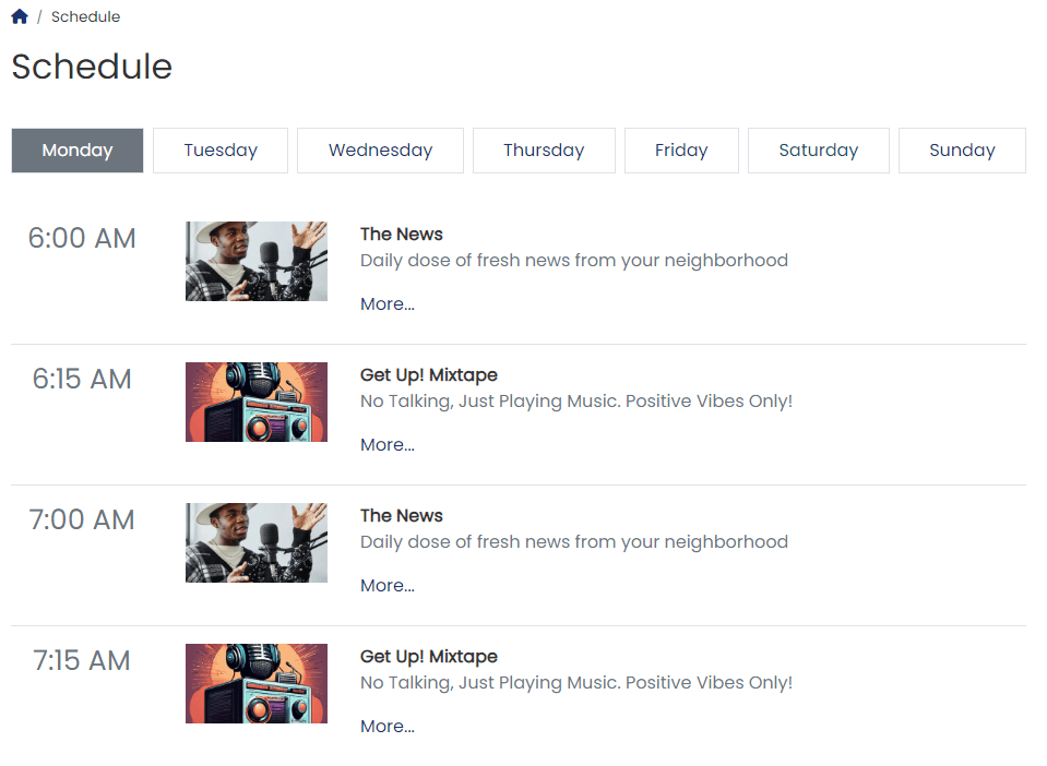 Radio/TV Schedule - view of the subpage accessible to users.