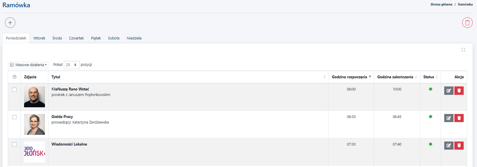 moduł ramówka w CMS 4media lista wpisów