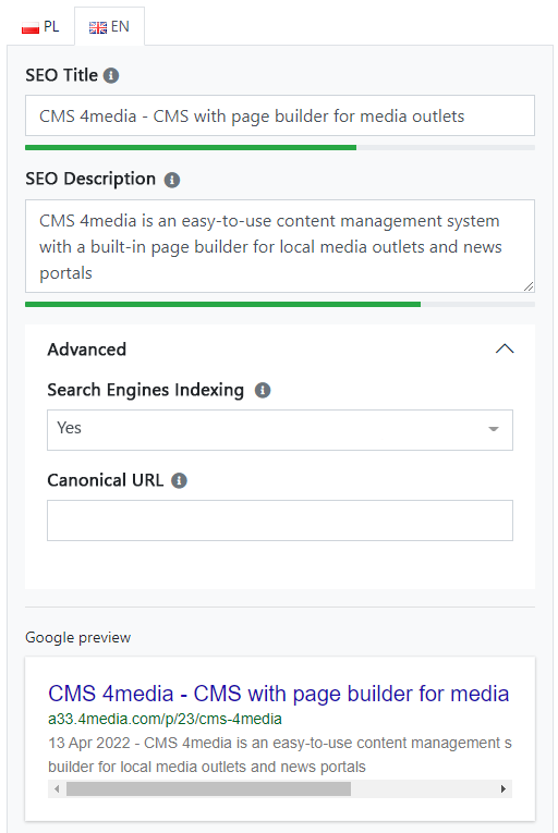 SEO settings for published articles and pages in CMS 4media